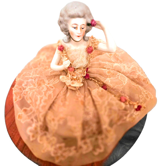 Vintage Dresden Lace Porcelain German Half Doll Pincushion Figurine - Picture 13 of 14